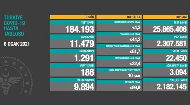 8 Ocak 2021 koronavirüs tablosu