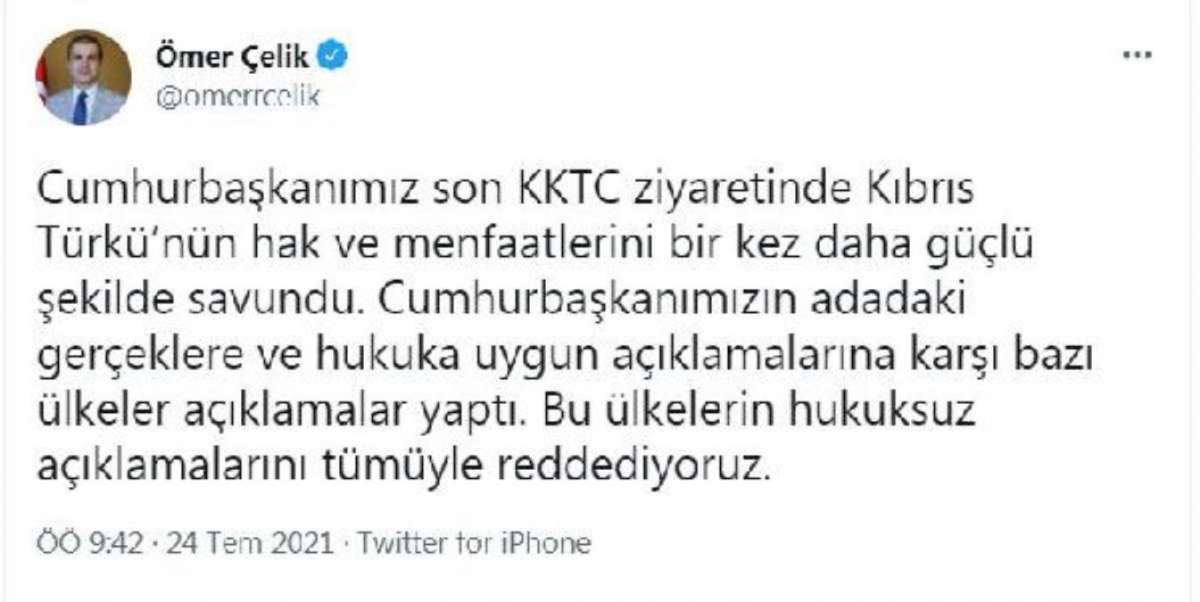 AK Parti'li Çelik: BMGK'nın KKTC açıklamasını tümüyle reddediyoruz