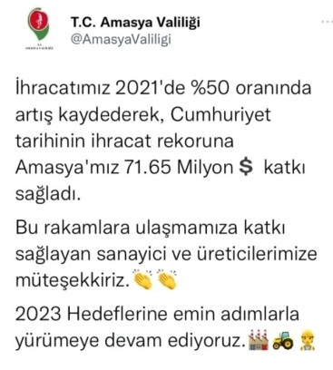 Amasya Valiliği: 'İhracatımız 2021'de yüzde 50 oranında arttı'