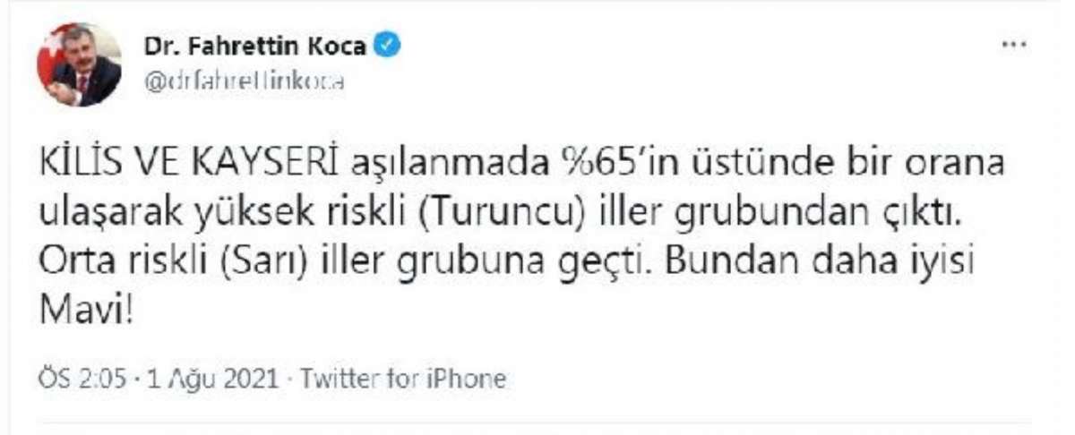 Bakan Koca: Kilis ve Kayseri orta riskli iller grubuna geçti