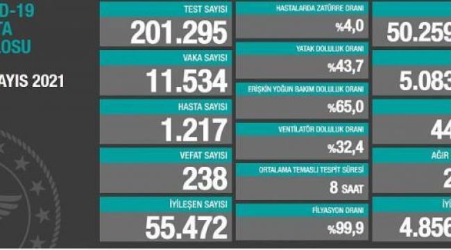 Covid-19 tablosu: 238 can kaybı, 11 bin 534 yeni vaka