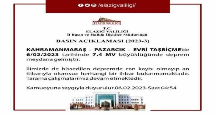 Elazığ Valisi Ömer Toraman: “Şu ana kadar ilimizde herhangi bir yıkım ihbarı almadık”