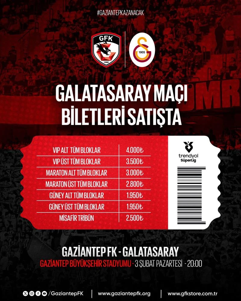 Gaziantep FK-Galatasaray maçı biletleri satışta