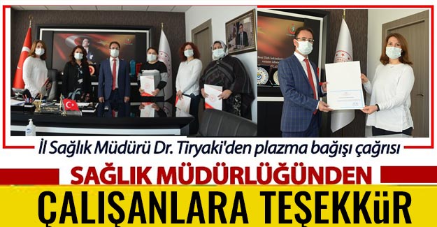 Gaziantep Sağlık Müdürlüğünden çalışanlara teşekkür belgesi