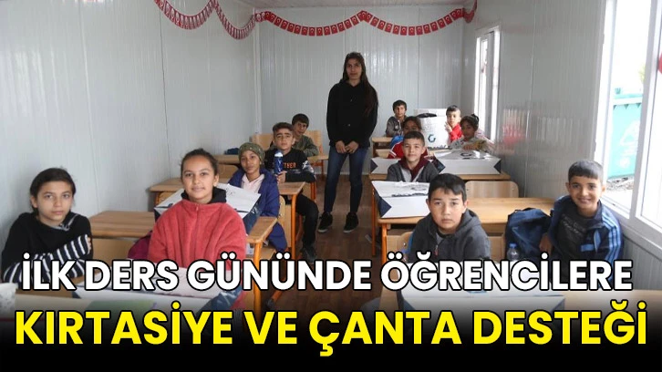 İlk ders gününde öğrencilere kırtasiye ve çanta desteği