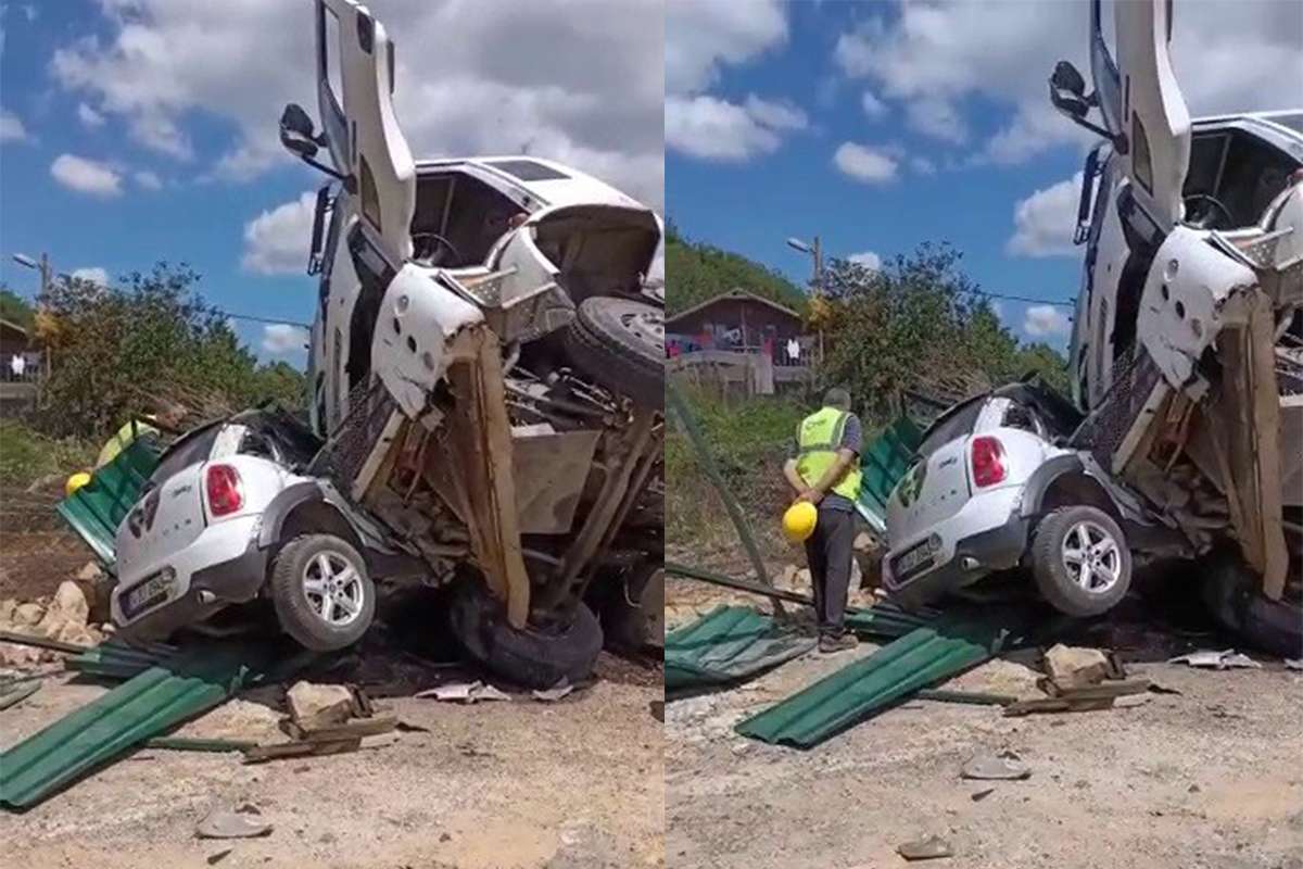 İstanbul'da feci kaza kamerada: Kamyon otomobilin üstüne devrildi