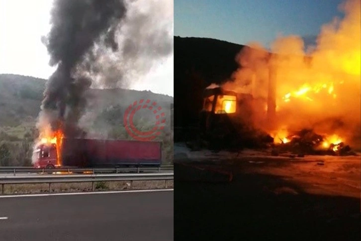 Otoyolda küçük ev aletleri taşıyan tır alev alev yandı