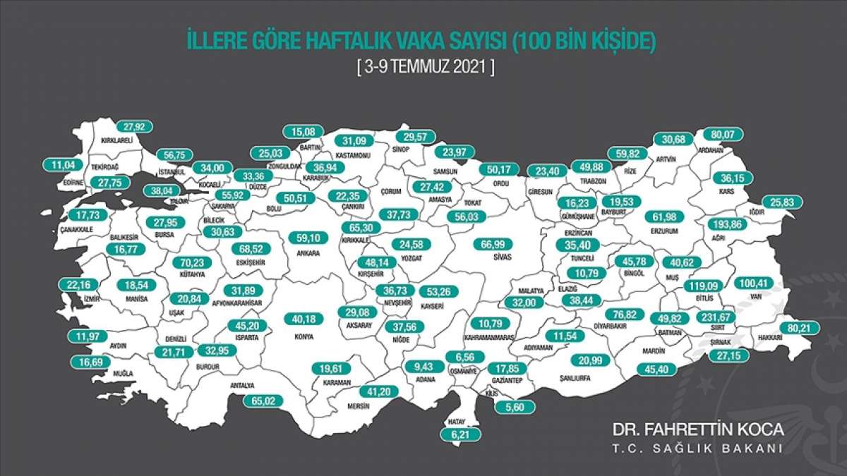 Sağlık Bakanı Koca, her 100 bin kişide görülen Kovid-19 vaka sayılarını açıkladı