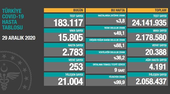 Türkiye'de son 24 saatte 15.805 koronavirüs vakası tespit edildi, 253 kişi hayatını kaybetti