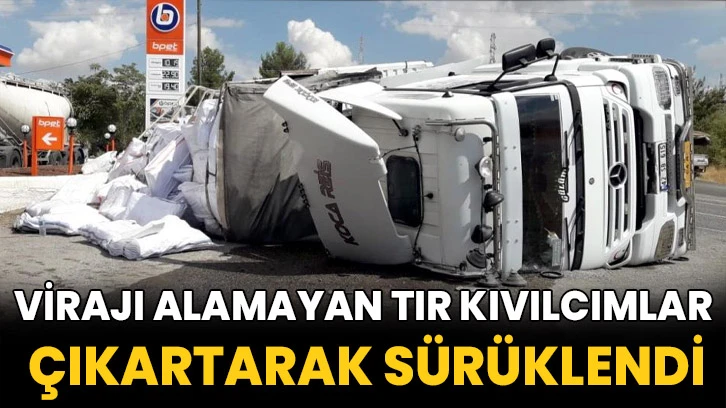 Virajı alamayan tır kıvılcımlar çıkartarak sürüklendi