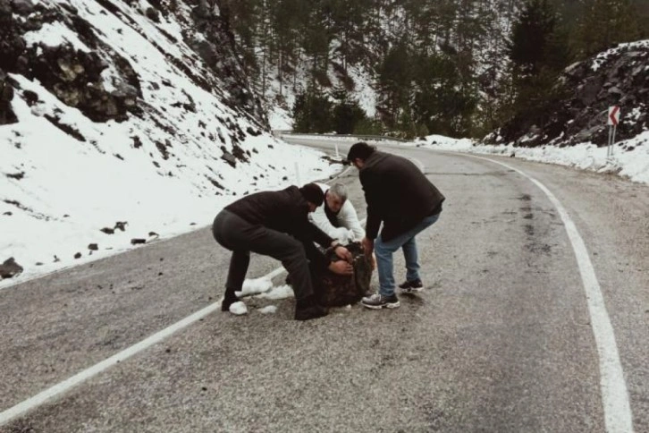 Yola düşen kaya parçası sürücülere zor anlar yaşattı