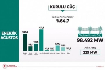 Ağustos ayında toplam kurulu gücün yüzde 64,7'si yerli ve yenilebilir enerjiden meydana geldi