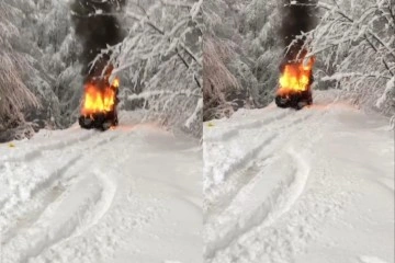 Delmece Yaylası’na çıkmaya çalışan cip alev alev yandı