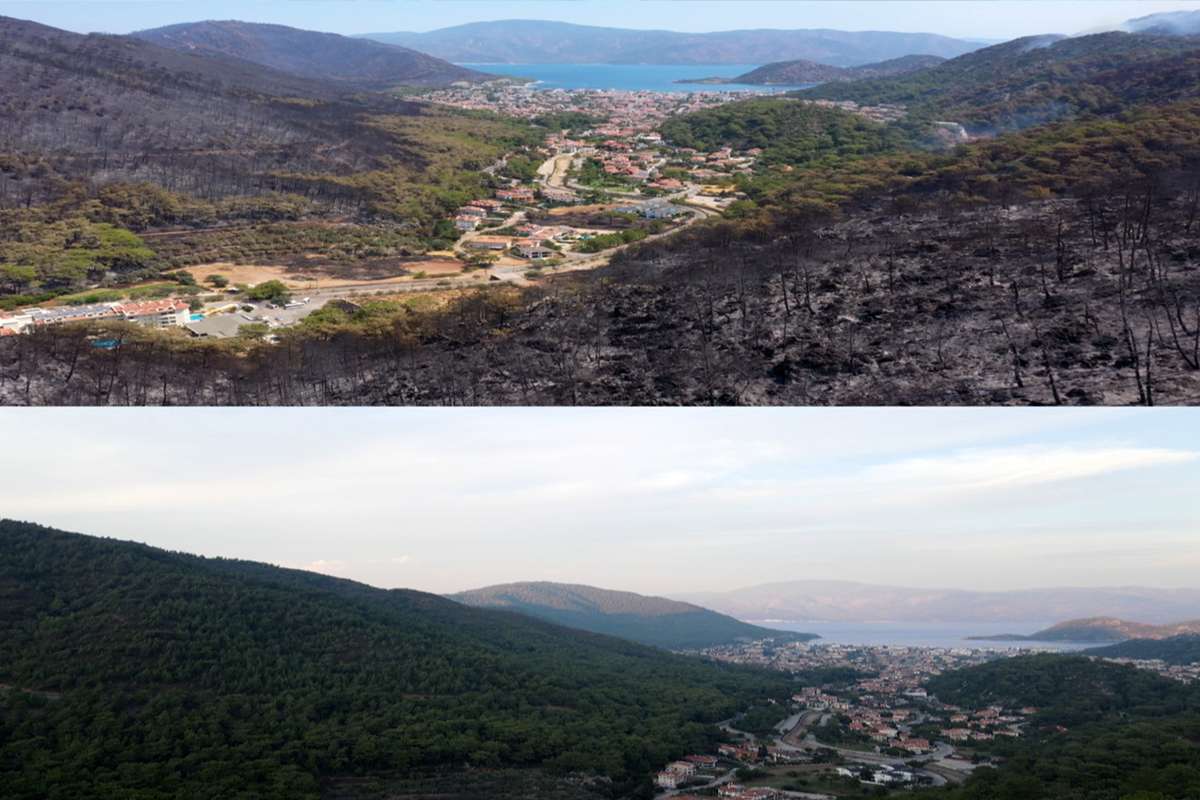 Marmaris'in yangın öncesi ve sonrası havadan görüntüleri, felaketin boyutunu gözler önüne serdi