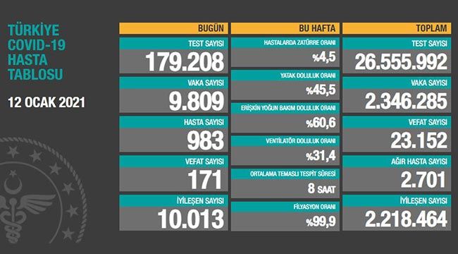 Türkiye'de son 24 saatte 9.809 koronavirüs vakası tespit edildi, 171 kişi hayatını kaybetti